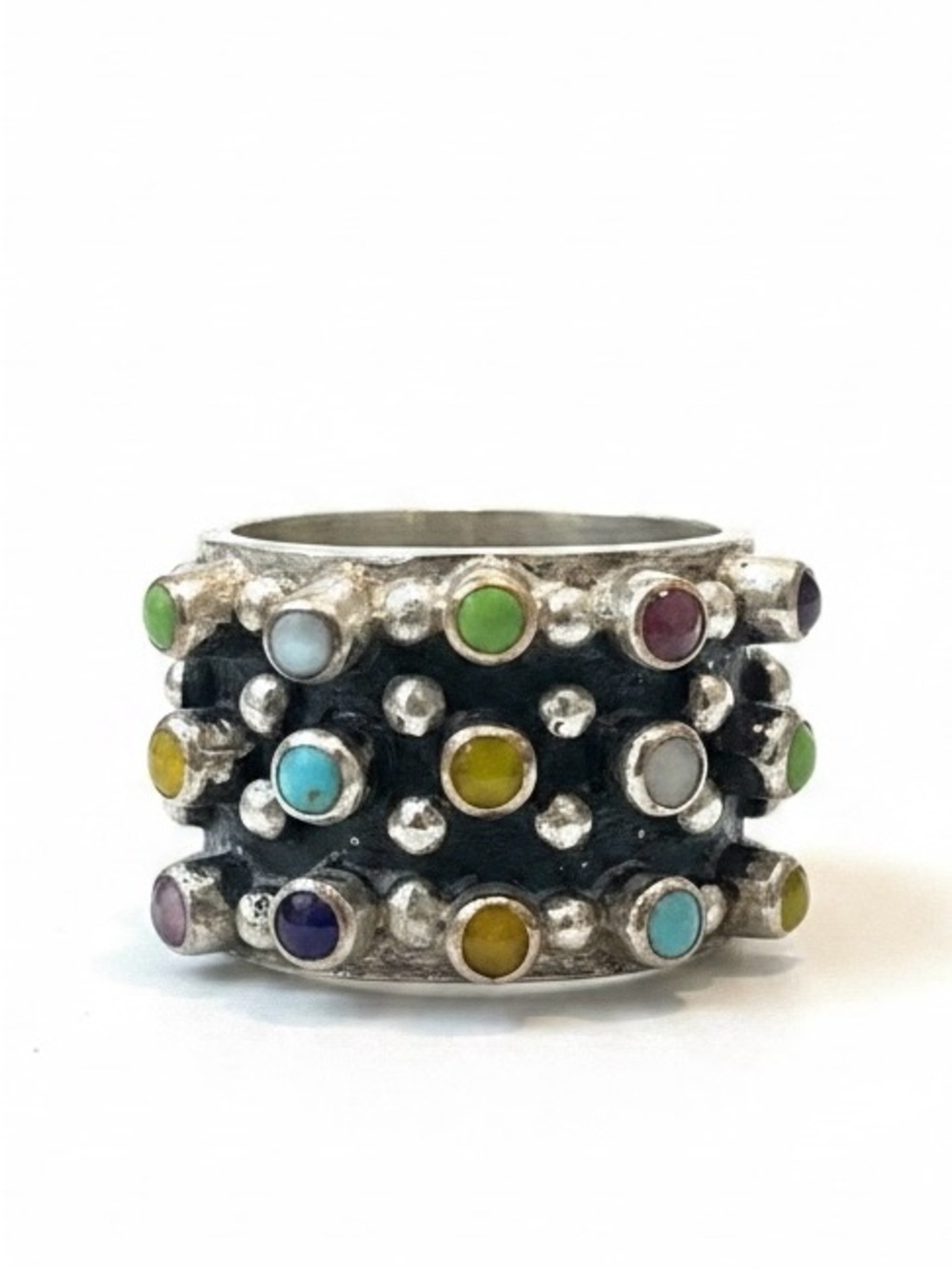 Mada  Designs Alpaca Silver Wide Band Ring with Multicolored  Gemstones
